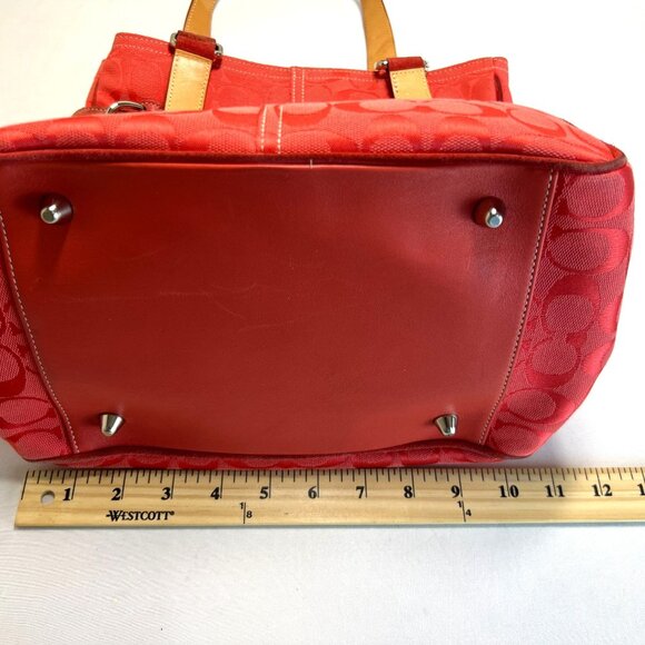 Coach LTD Signature C Belted Canvas Purse Satchel Carryall Tote Bag Red Tan - Picture 5 of 14